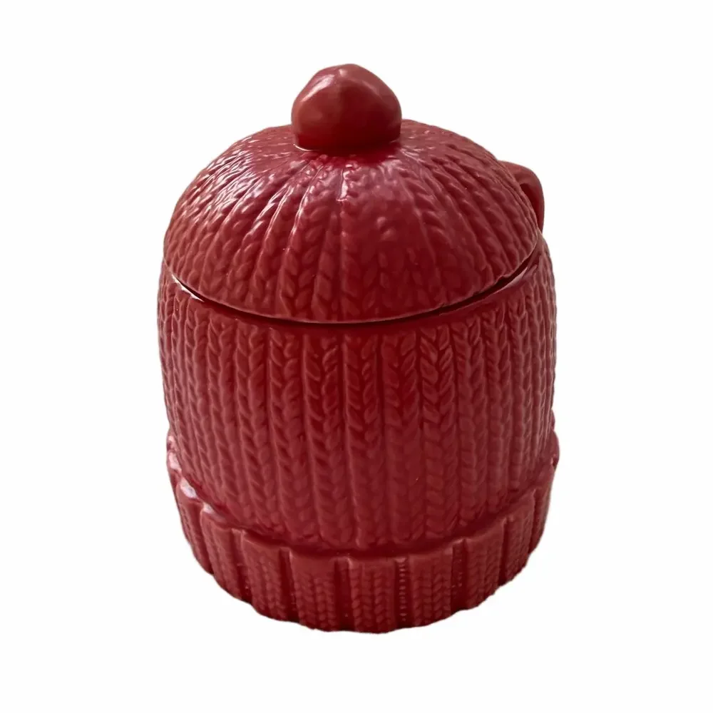 West Elm Red Stoneware Knit Ski Cap Hat Hot Chocolate Coffee Mug w/ Lid EUC